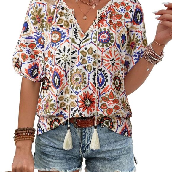 Womens Summer Boho Tops Casual V Neck Short Sleeve Blouses Floral Print Shirt Ti - Picture 1 of 6